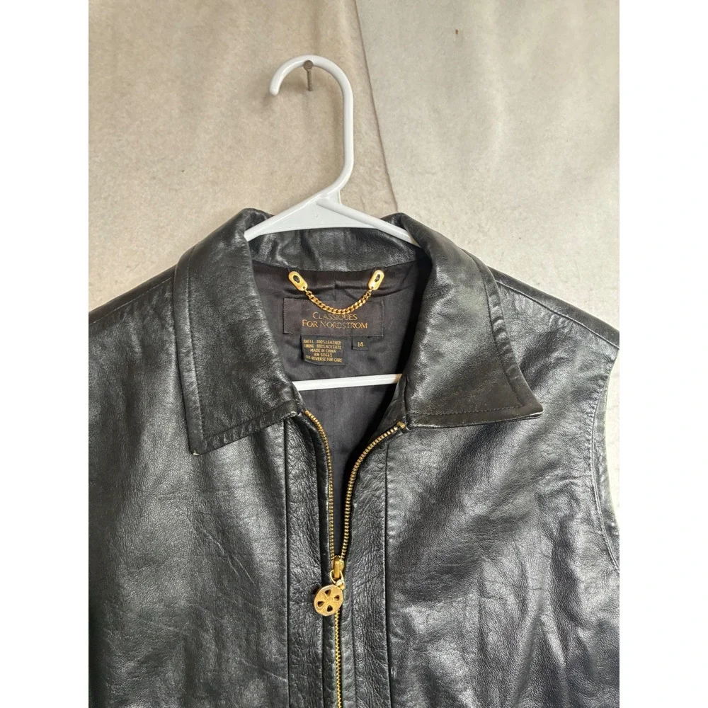 Classiques for Nordstrom Black Leather Vest Zip Front Gold Hardware Size 14